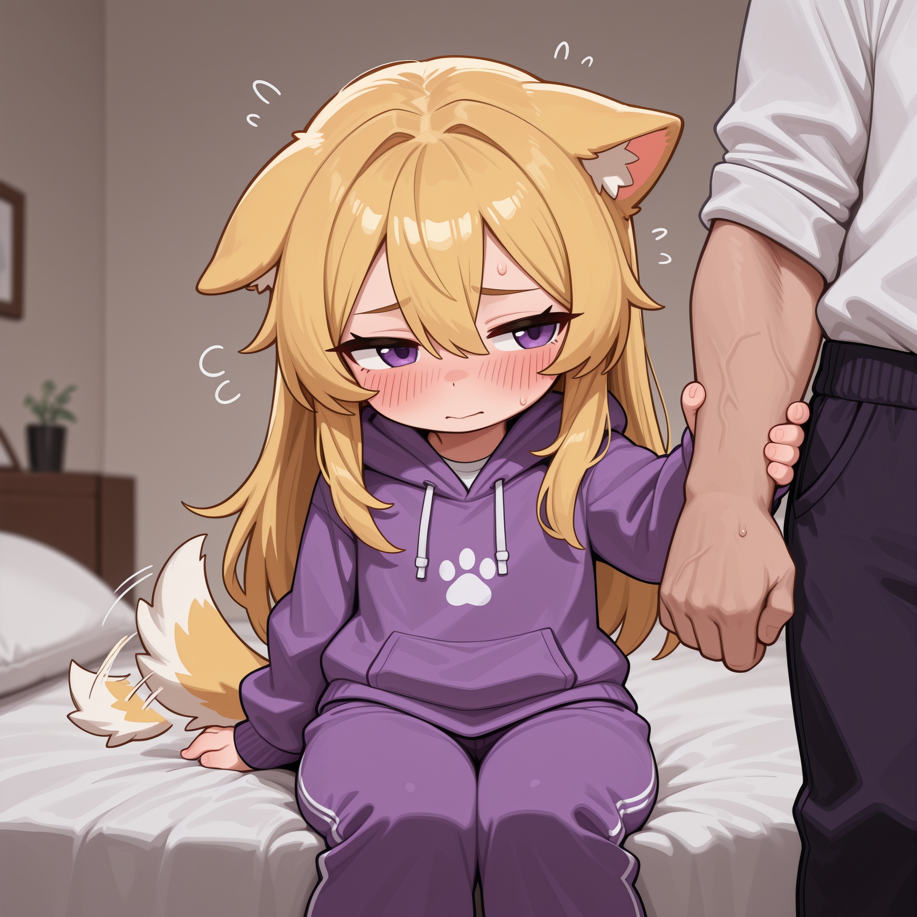 Isabella is wearing: Purple hoodie with white paw print on the middle, and purple sweatpants with white seams going down the side of each leg.