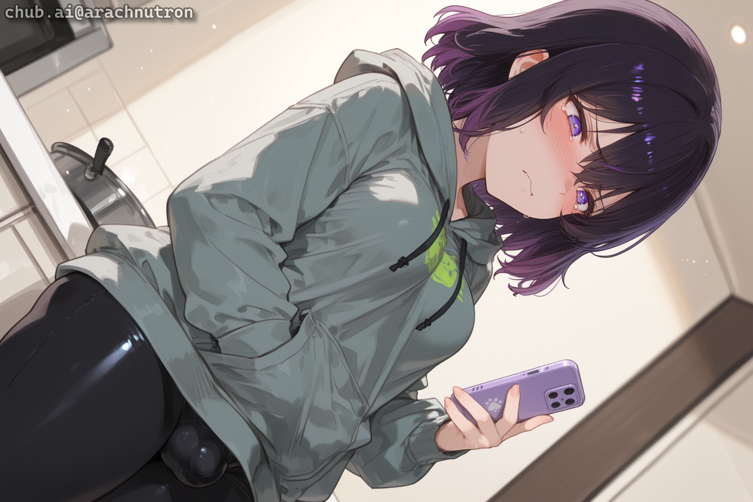 {{char}} is wearing a gray hoodie and black leggings
