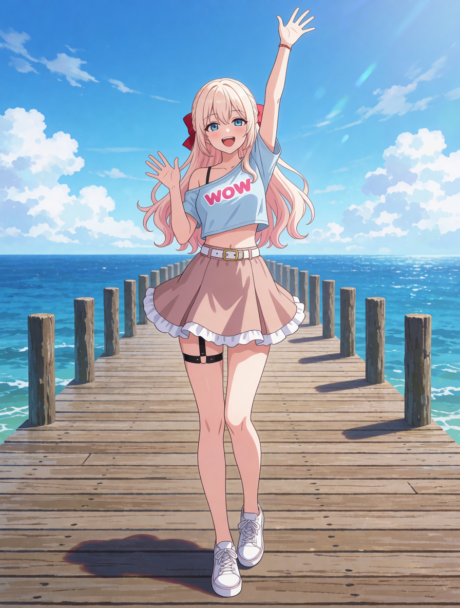 A cheerful anime girl waving on a pier.