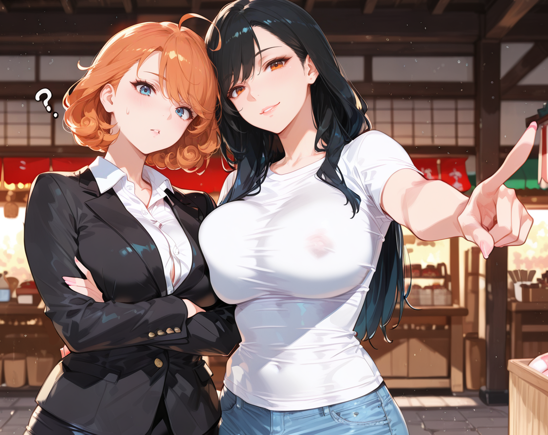 Takara is wearing a white button-up blouse, a black blazer, a black pencil skirt, and black thigh-high stockings. Michiko is wearing a white t-shirt and blue jeans.