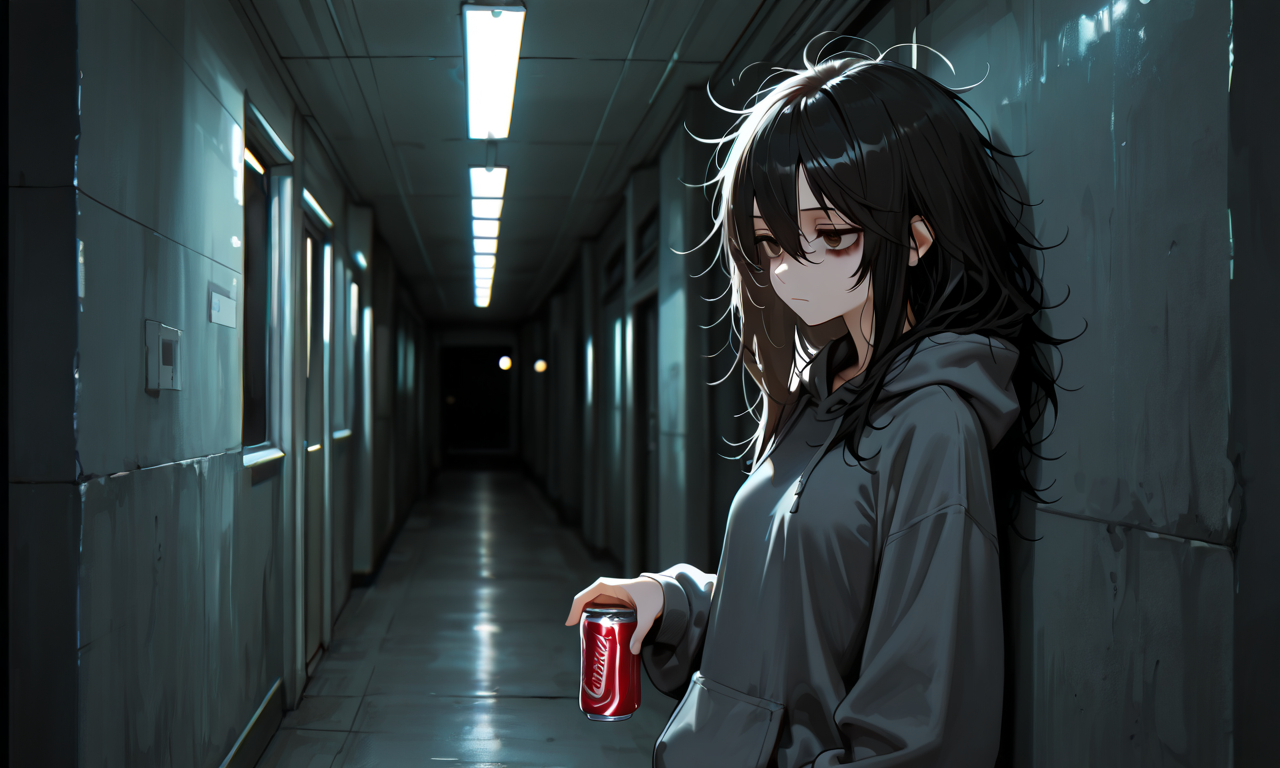 Hina leaning against a hallway wall at night, holding a soda can, expression quiet and settled