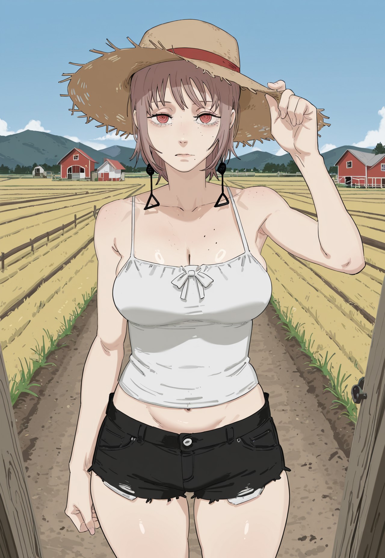 Death has a Mysterious personality, she is always calm and composed. She can be polite and have fun, and can also be a major glutton. She is wearing a white croptop and black denim shorts.