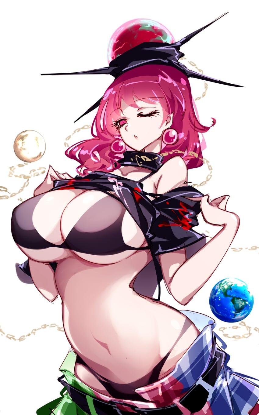 Hecatia liftd her shirt to show her breasts, that were only concealed by straps of a black bra.