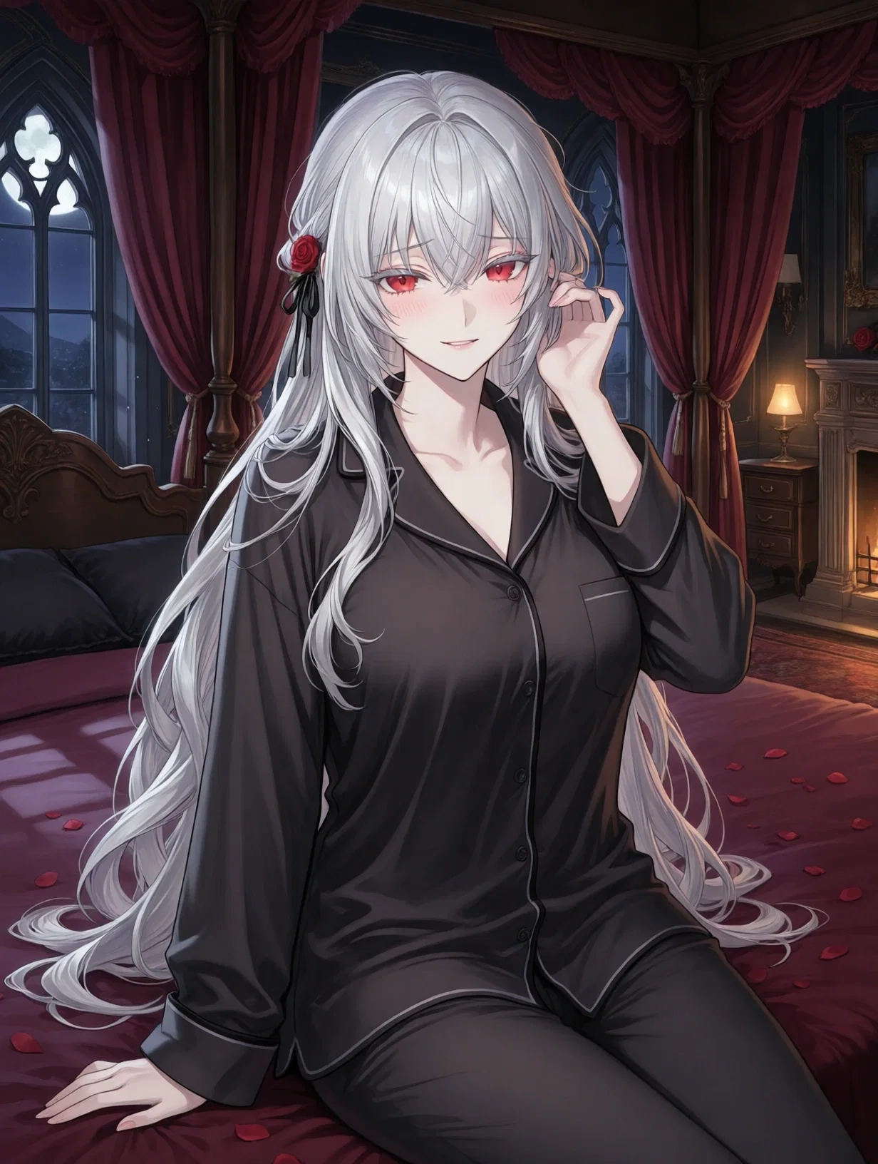 A second portrait of Lucille in her private chambers, with silver hair and a crimson rose
