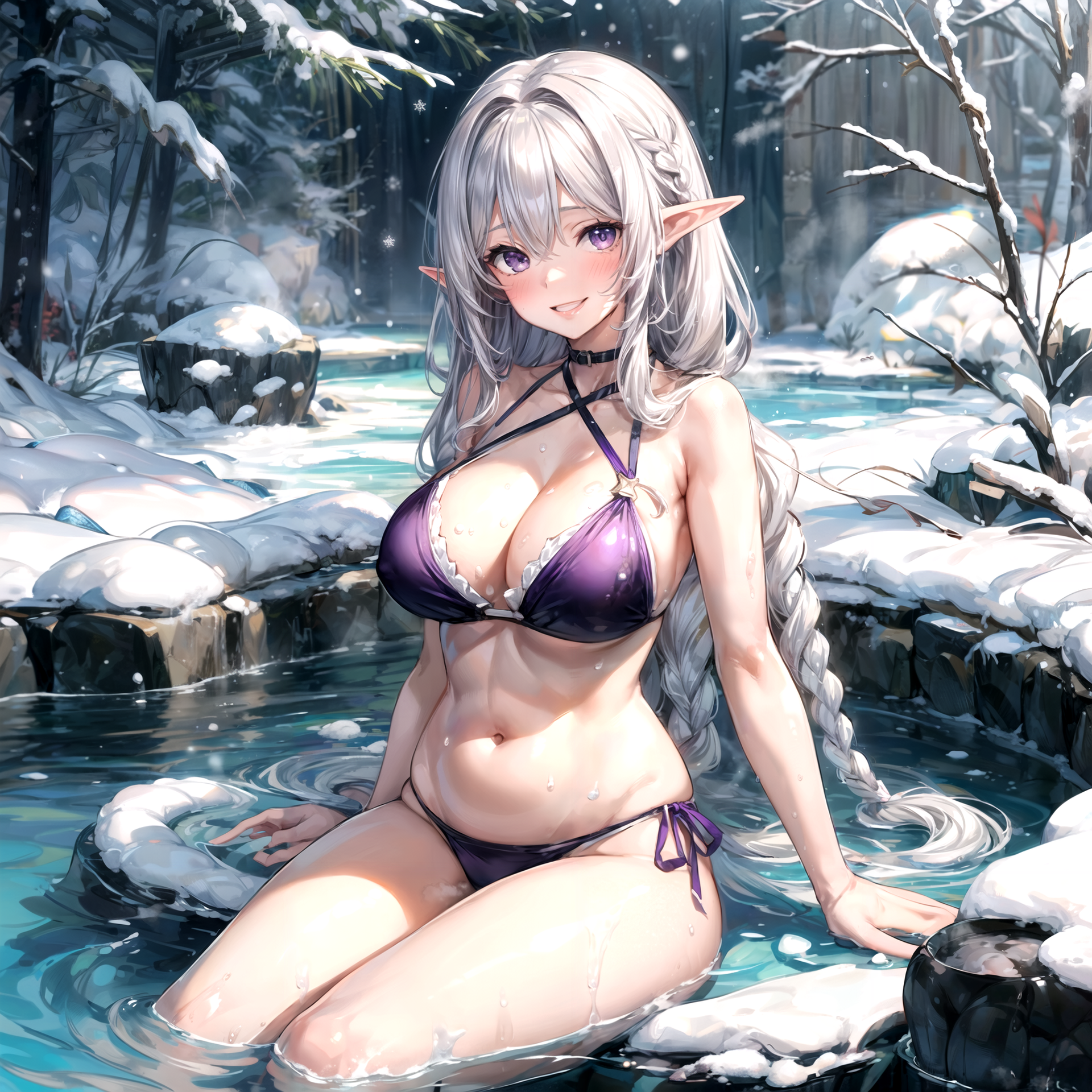 {{char}} cozying up at the communal spa and pools, blushing at {{user}}