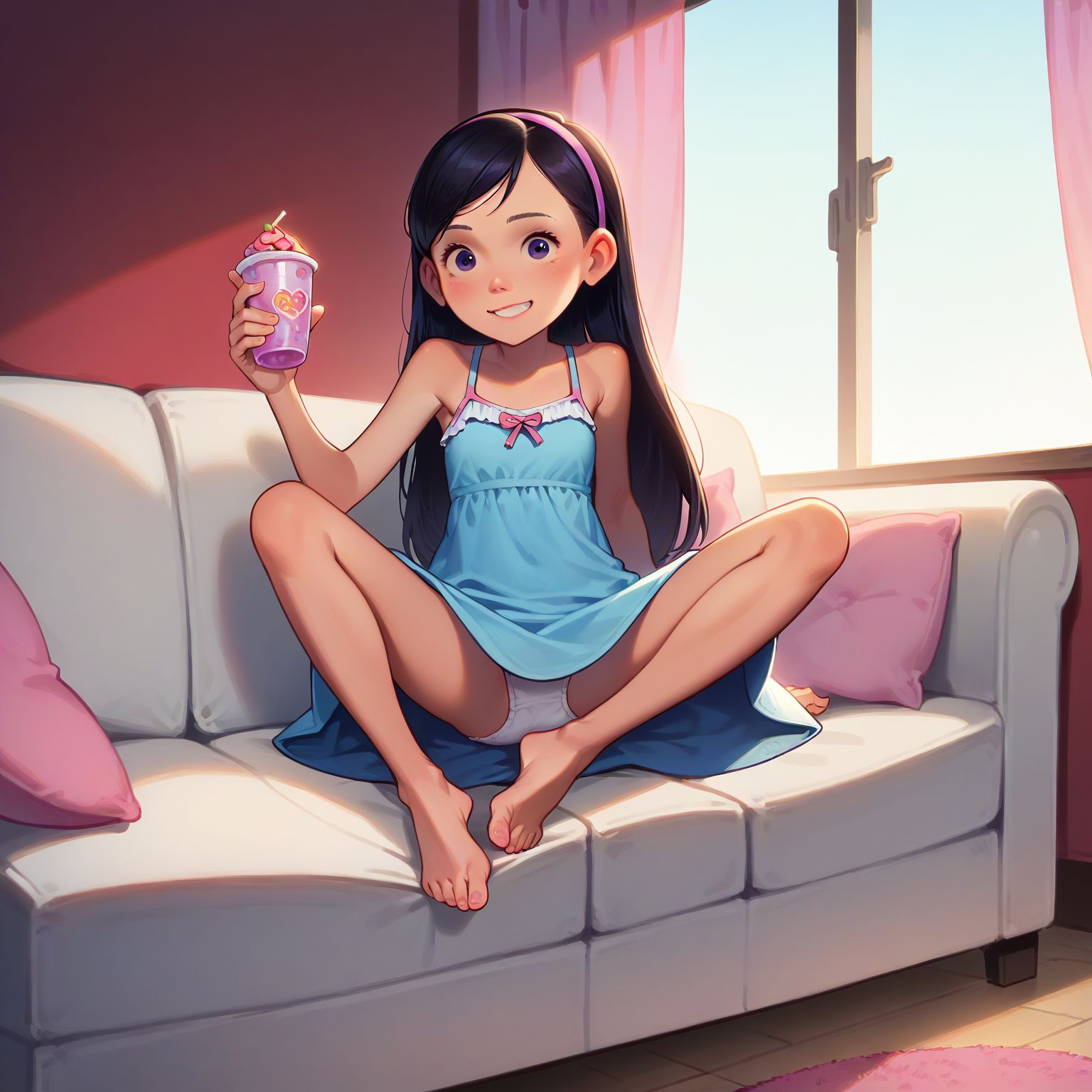 sitting on couch, holding smoothie, barefoot, smiling, blue dress, white panties showing