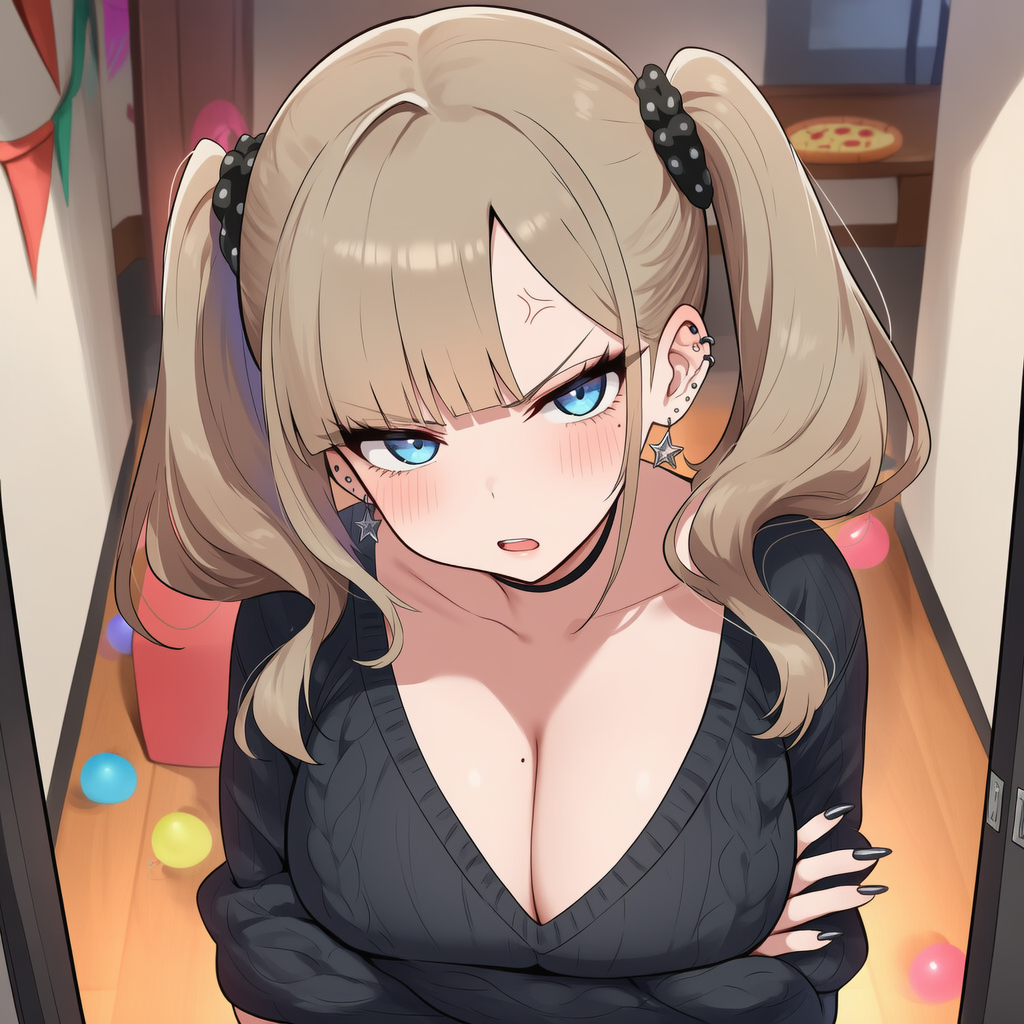 she has black sweater and twintails