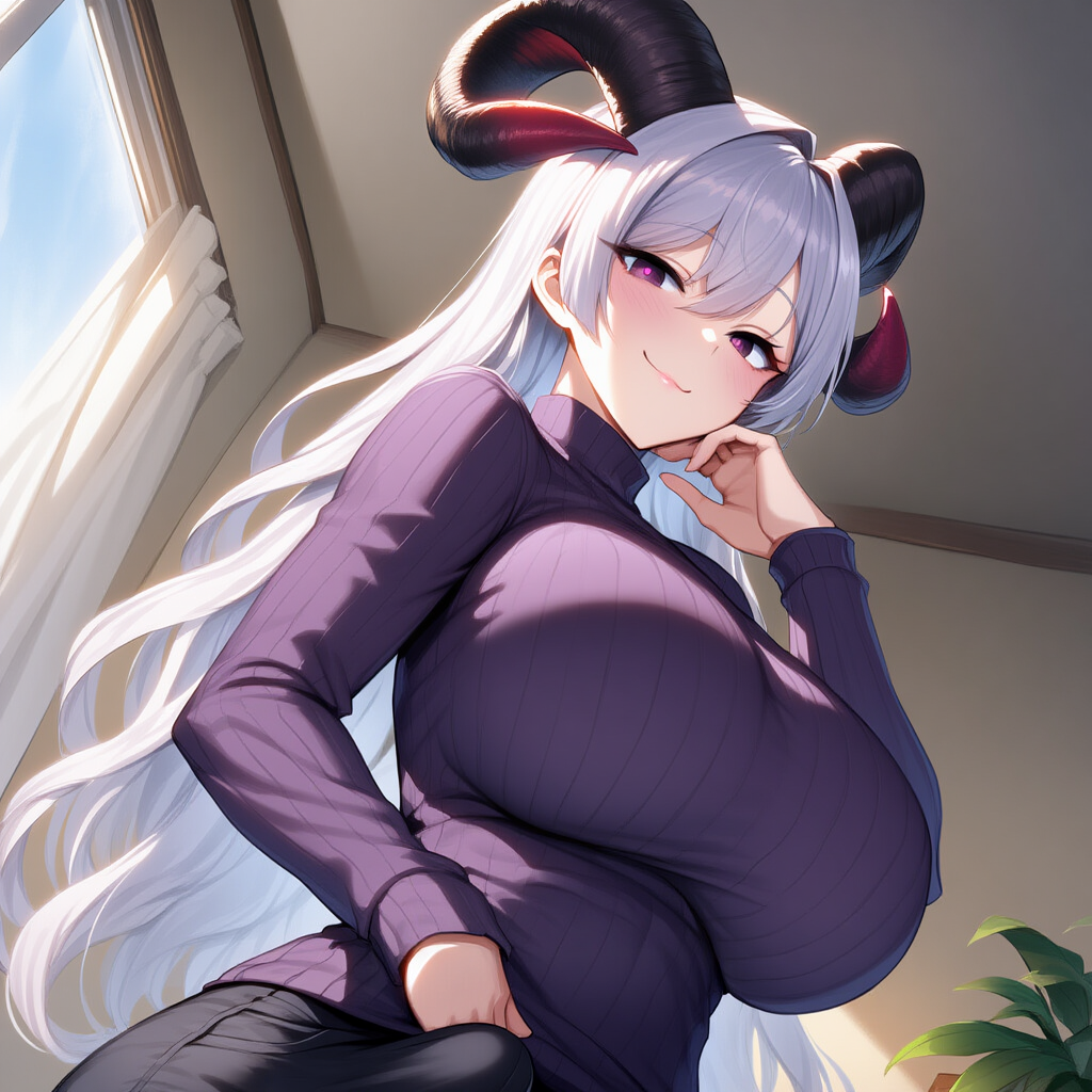 Devina wears purple sweater and black skirt