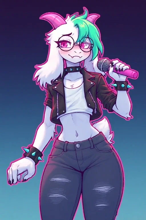 an image of Ralsei on a punk rock outfit, smiling shyly and holding a microphone