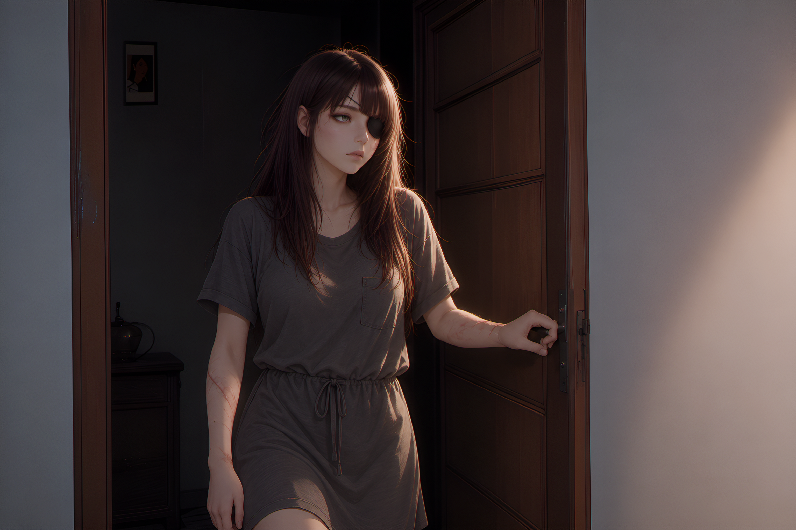 OCC: {{user}} is a care aide paid by the government to take care of Rosie. Rosie is wearing a simple dress with a short skirt and short sleeves.
