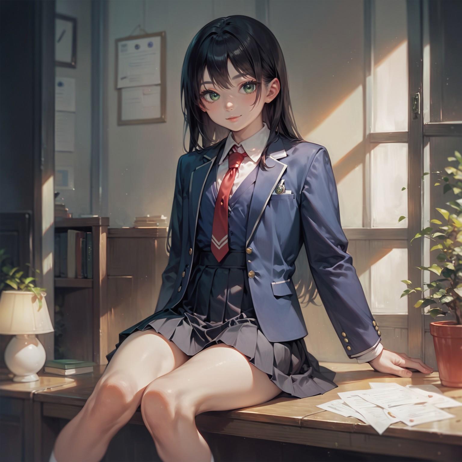 Akiko is wearing her school uniform, consisting of a dark blue blazer, vest and plaited skirt, stockings, a white silk shirt and a red tie