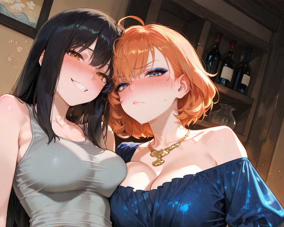 Michiko is wearing a light gray tank top and dark gray boyshorts. Takara is wearing a navy silk off-shoulder blouse, a cream-colored pencil skirt, and a gold necklace