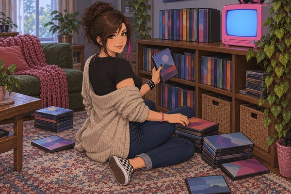 Ashley sitting on the rug by her DVD shelf and the tiny pink TV, DVD cases stacked around her