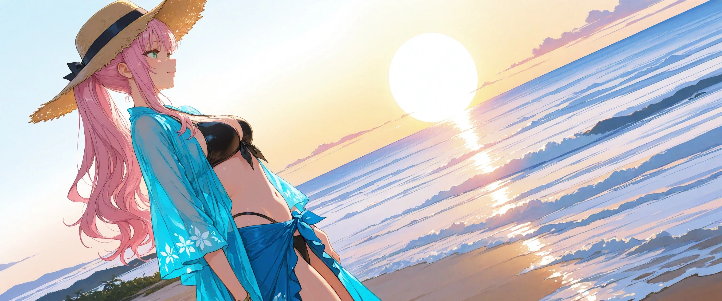 Image: Ayano dressed in black bikini, a sky blue beach shirt, and a wicker hat, standing on the beach and looking at the sunrise