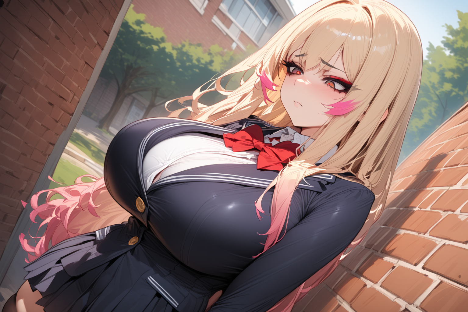 Nobuko is wearing her school uniform, a navy blazer, white blouse, red ribbon, black pleated skirt, thigh-high stockings, and brown shoes