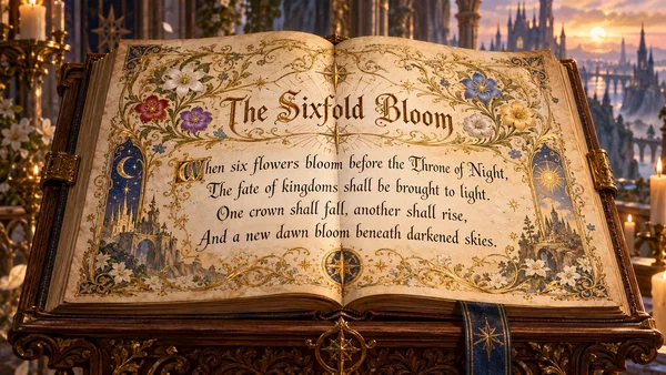 The Sixfold Bloom prophecy on an illuminated book