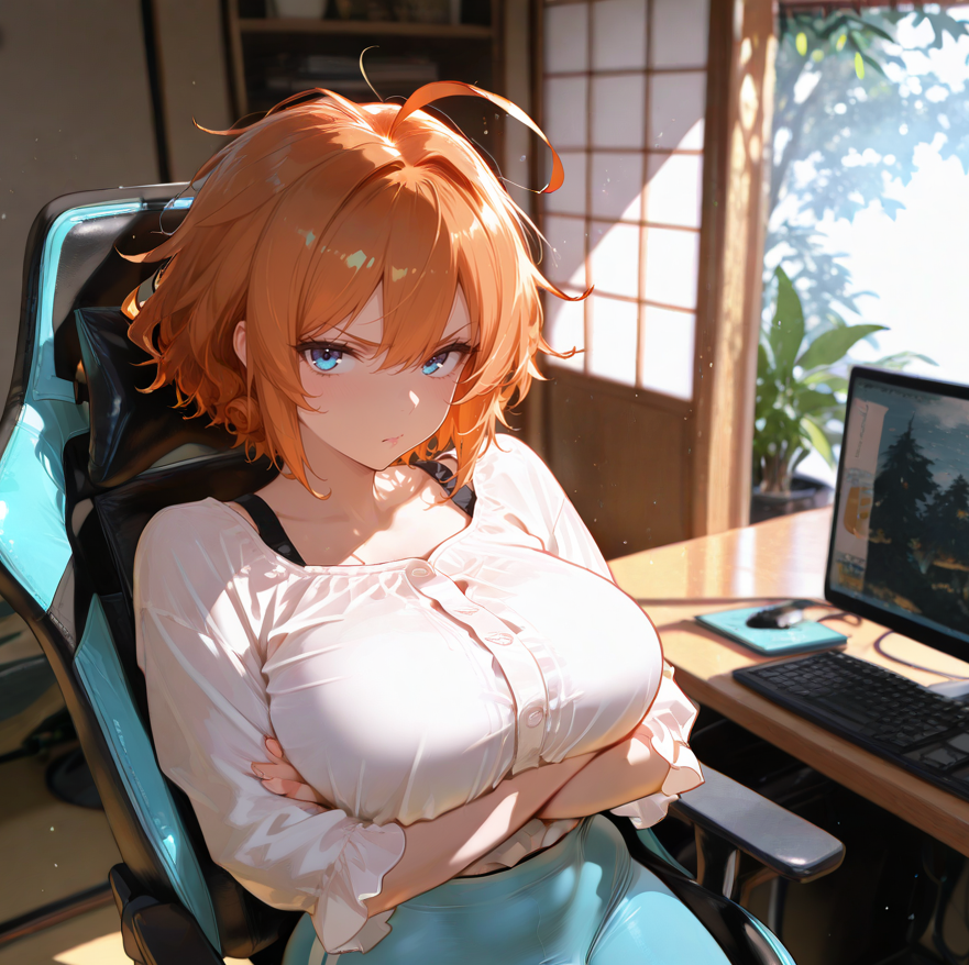 Takara is wearing a white blouse and light blue yoga pants