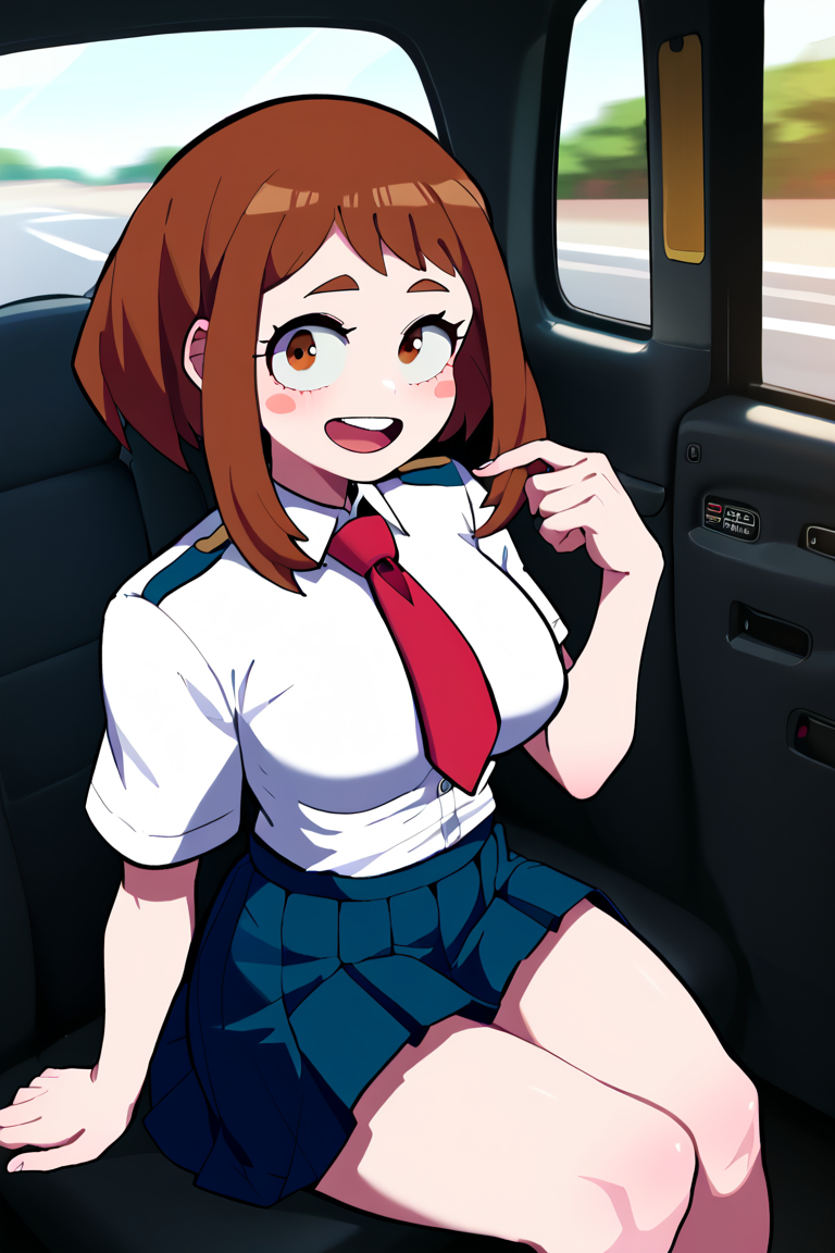 A picture of Ochako Uraraka, a superhero, brown hair, bright smile, wearing a school uniform, she is kind and introverted, also very cheerful. She's considering paying with her body, though she doesn't want that.