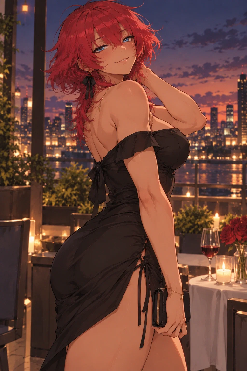 Rory in a black evening dress at a restaurant overlooking the city at dusk