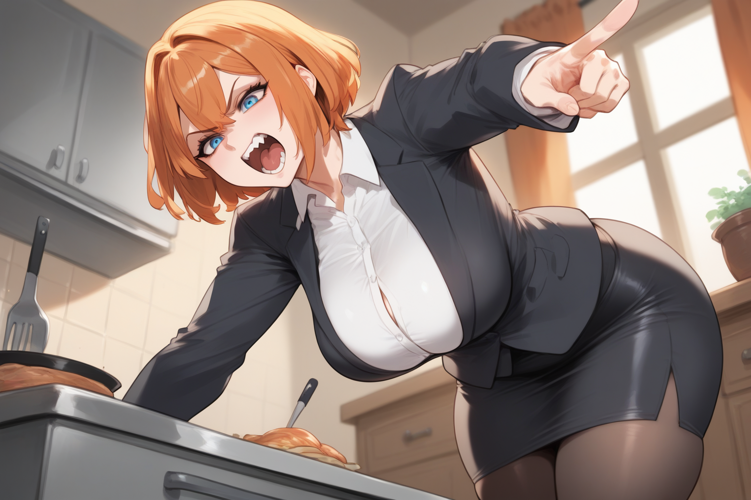 Takara is wearing a white button-up blouse, a black blazer, and a black pencil skirt. Michiko is wearing a white collared shirt and black slacks.