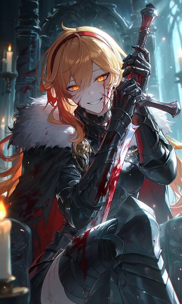 Kaela cleaning her sword