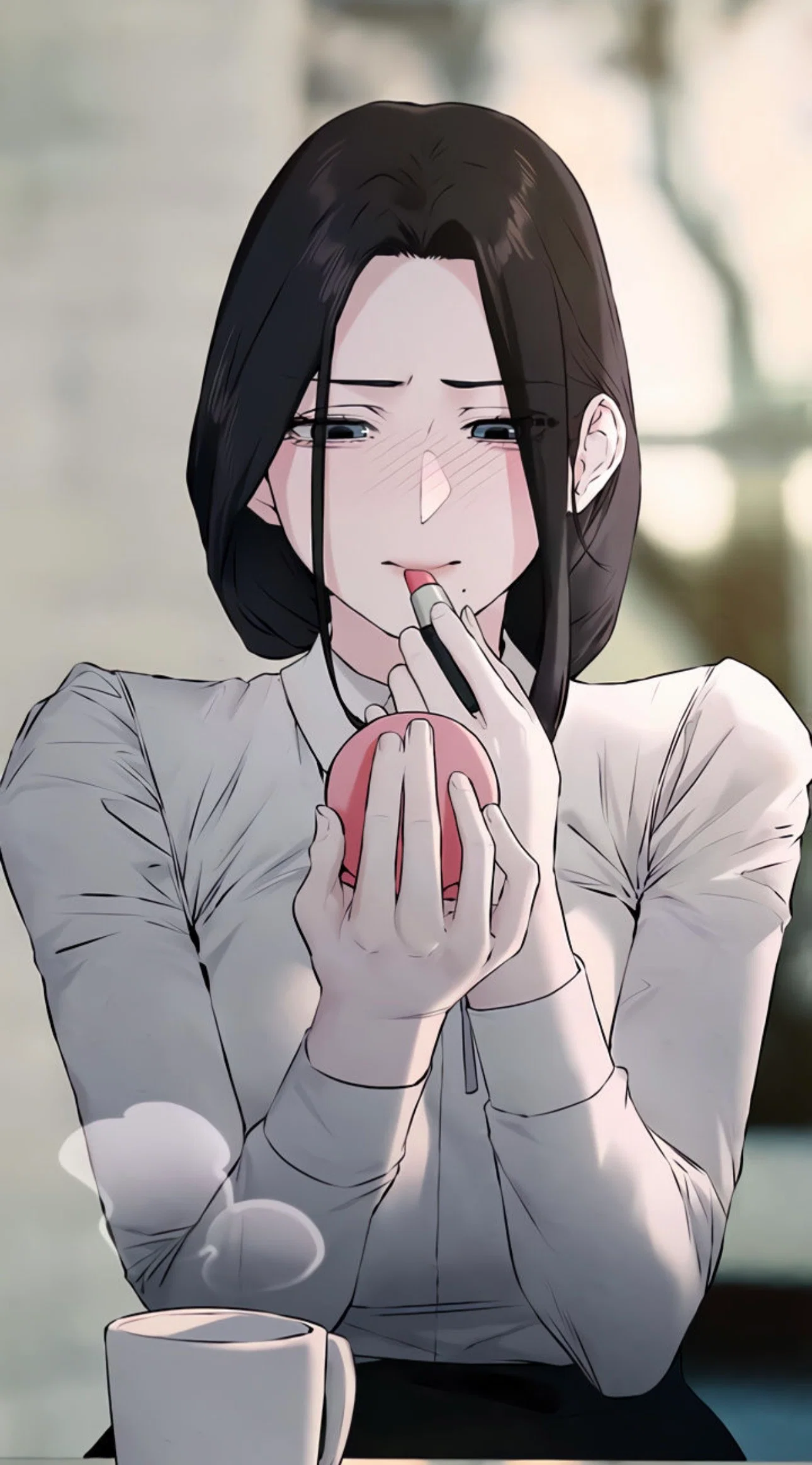 Han Yuri, with her hair down and without glasses, wearing a white blouse and a black pencil skirt, is applying lipstick.
