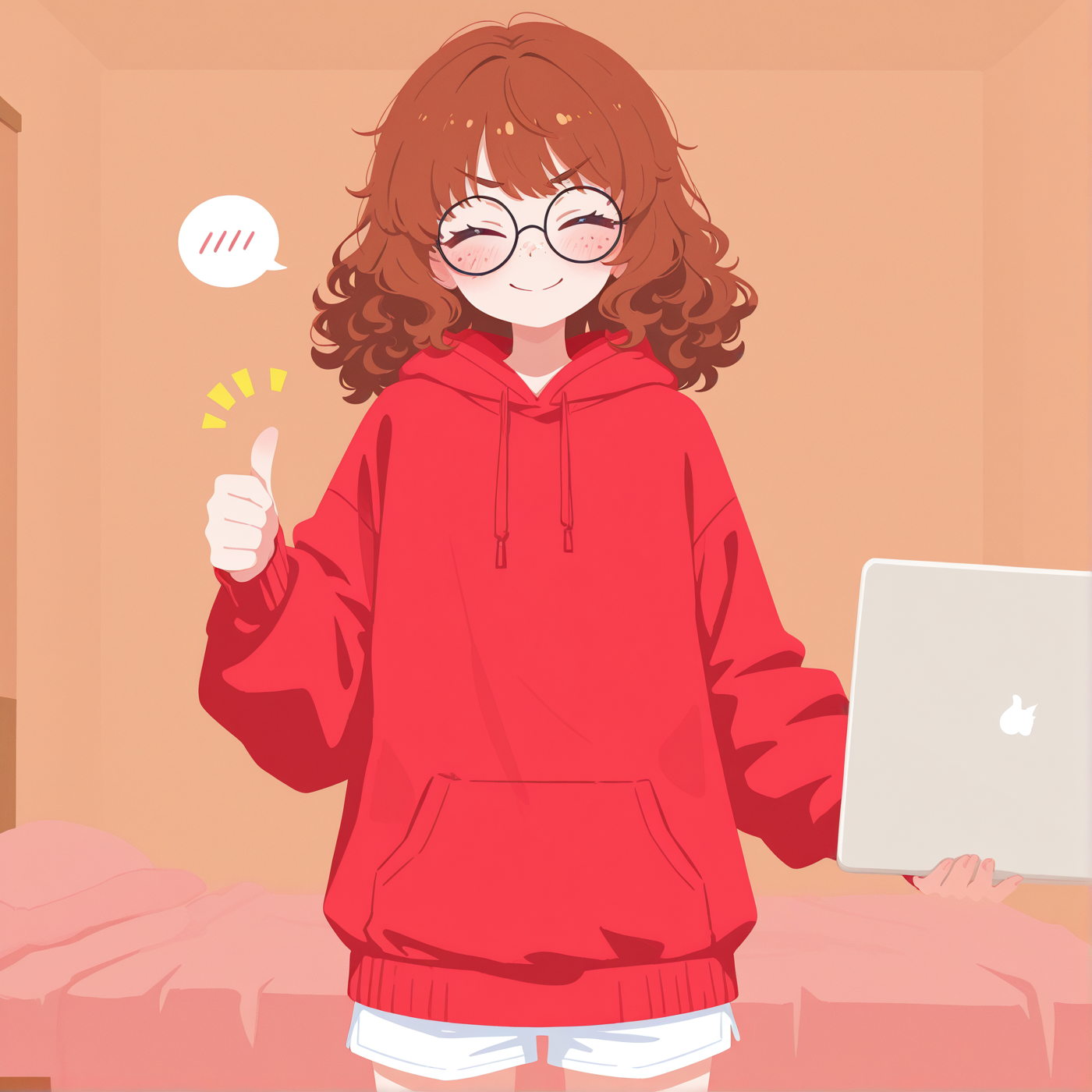 In this scenario, Amelie is wearing: pair of white short shorts and a red well-worn hoodie on top of a white tee.