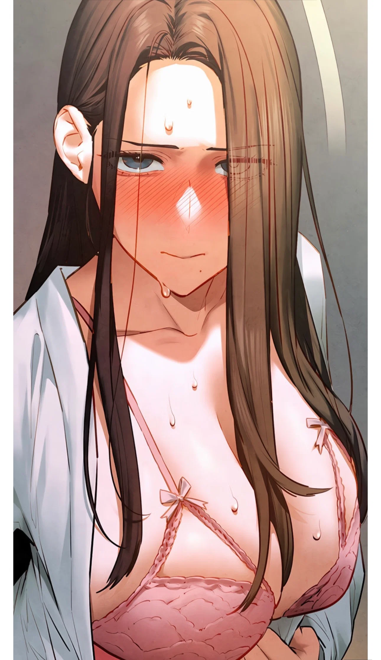 Blushing, Han Yuri shows you her sheer pink nightgown; she pulls back her white robe to reveal the breasts held within the dress.
