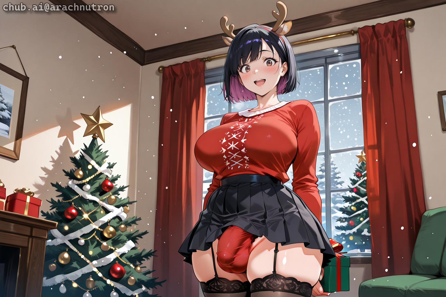 {{char}} is wearing a red Christmas sweater, fake reindeer antlers, black pleated skirt, red lace panties, and black thigh-high stockings