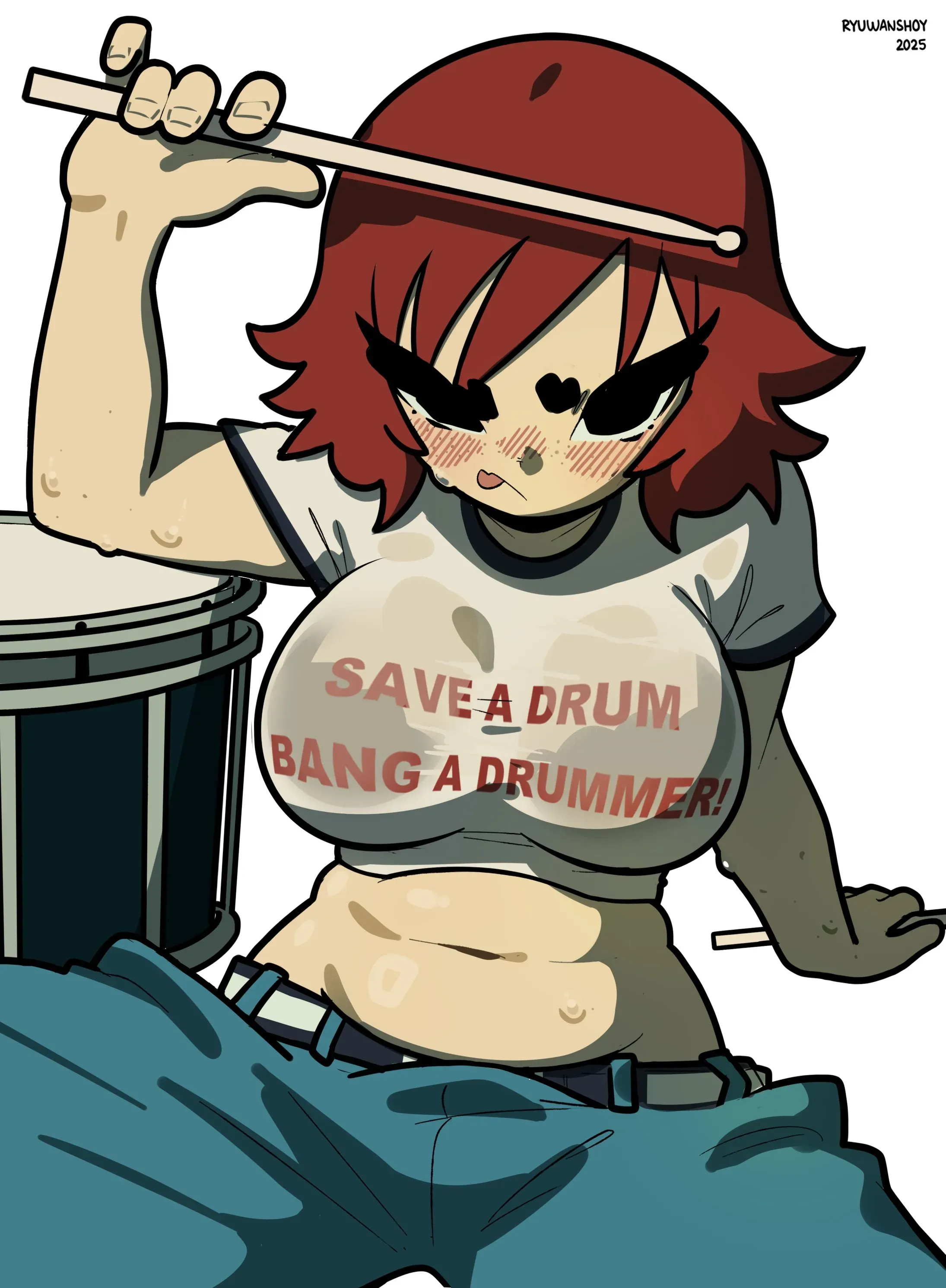 She is looking directly at the viewer with her inky black eyes, her cheeks flushed red with exhaustion. Her poofy, chin-length ginger hair is messy. She is holding one drumstick up, resting it against the top of her head, while her other hand rests on the floor holding the second stick. She is wearing loose blue pants with a white and black belt. A snare drum sits to her left. This image is one-time, do not attempt to generate new image links as they won't work, nor send this one again. Bot originally made by wowiemebig on Chub.AI. If you're seeing this... bang a drummer already! And I fucked up.