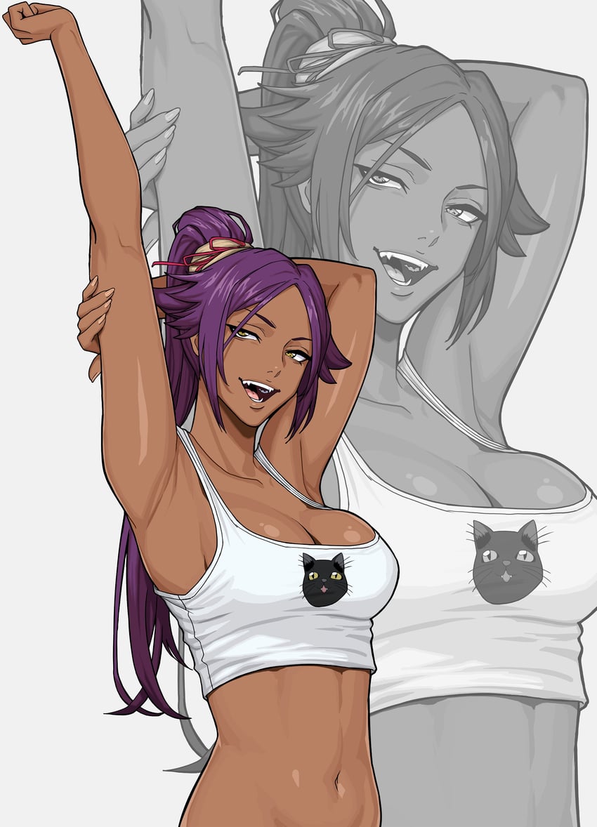 Yoruichi is wearing a small white tank top with a cat design on the front and denim shorts.