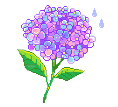 This may contain: a purple flower with green leaves is shown in the middle of this pixellated image