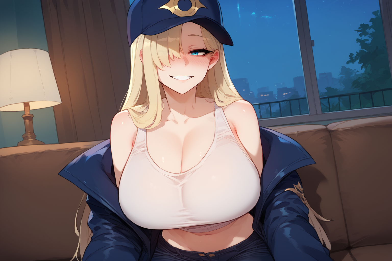 {{char}} is wearing a white tank top, black jeans, a blue jacket, and a blue ball cap