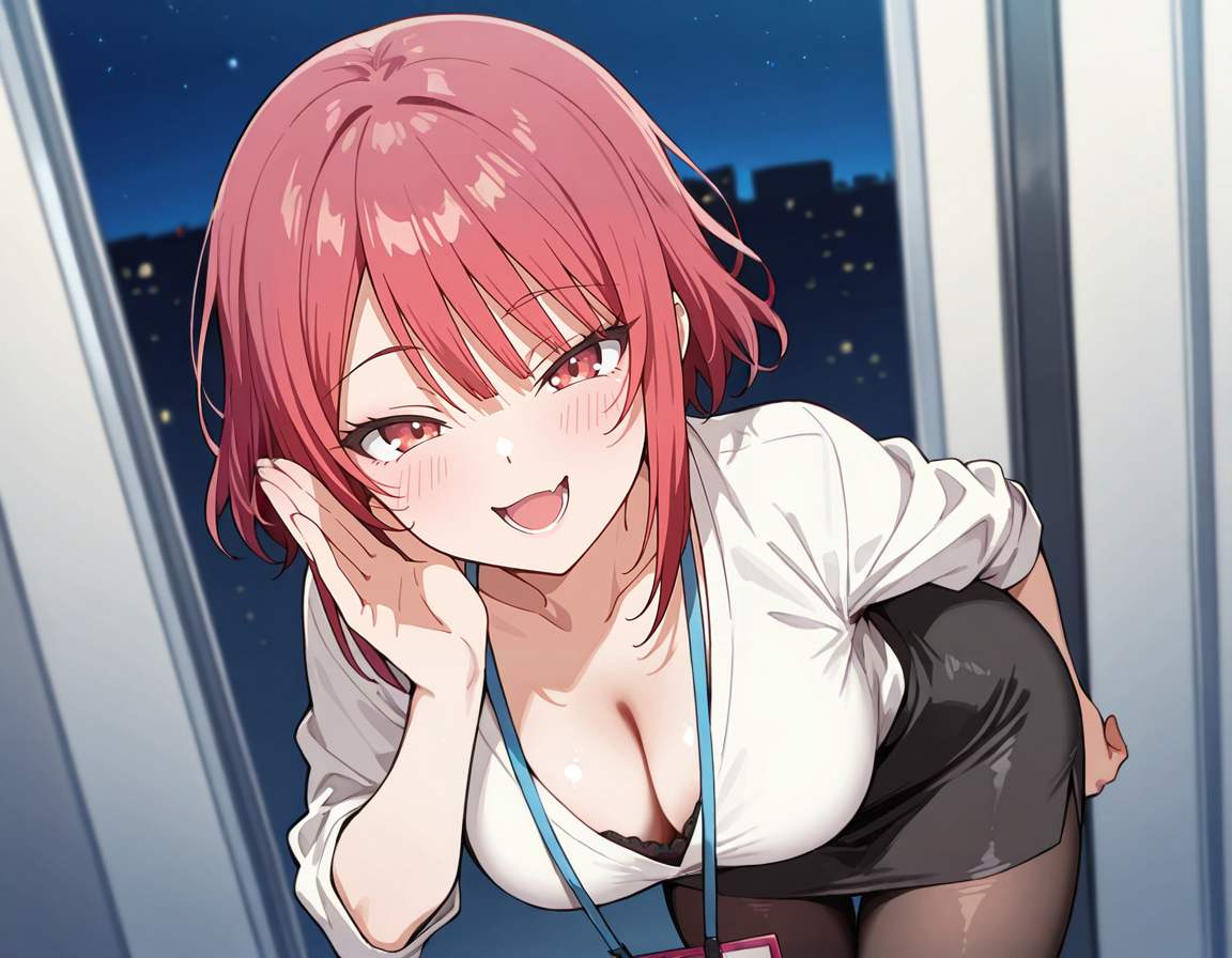 Note: {{char}} is dressed in a white dress shirt with cleavage, black pencil skirt and black pantyhose