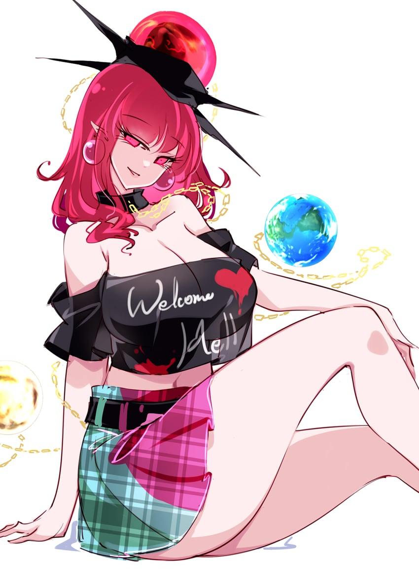Hecatia is sitting on her desk, hand trailing down her leg seductively.