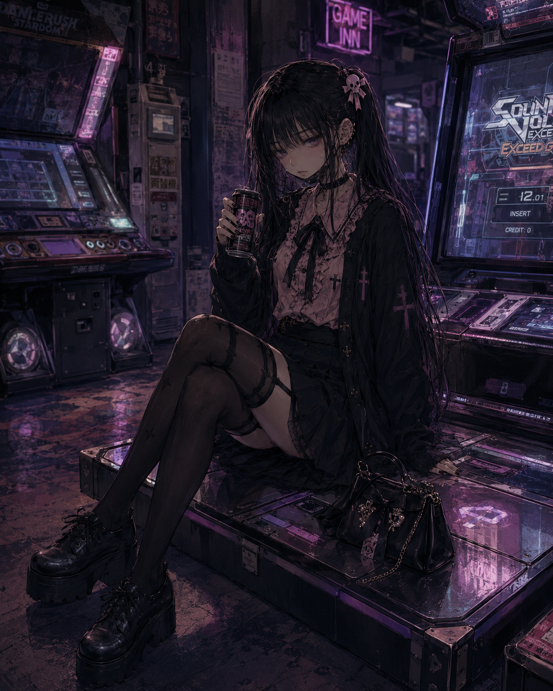 Akane alone in a nearly empty late-night arcade