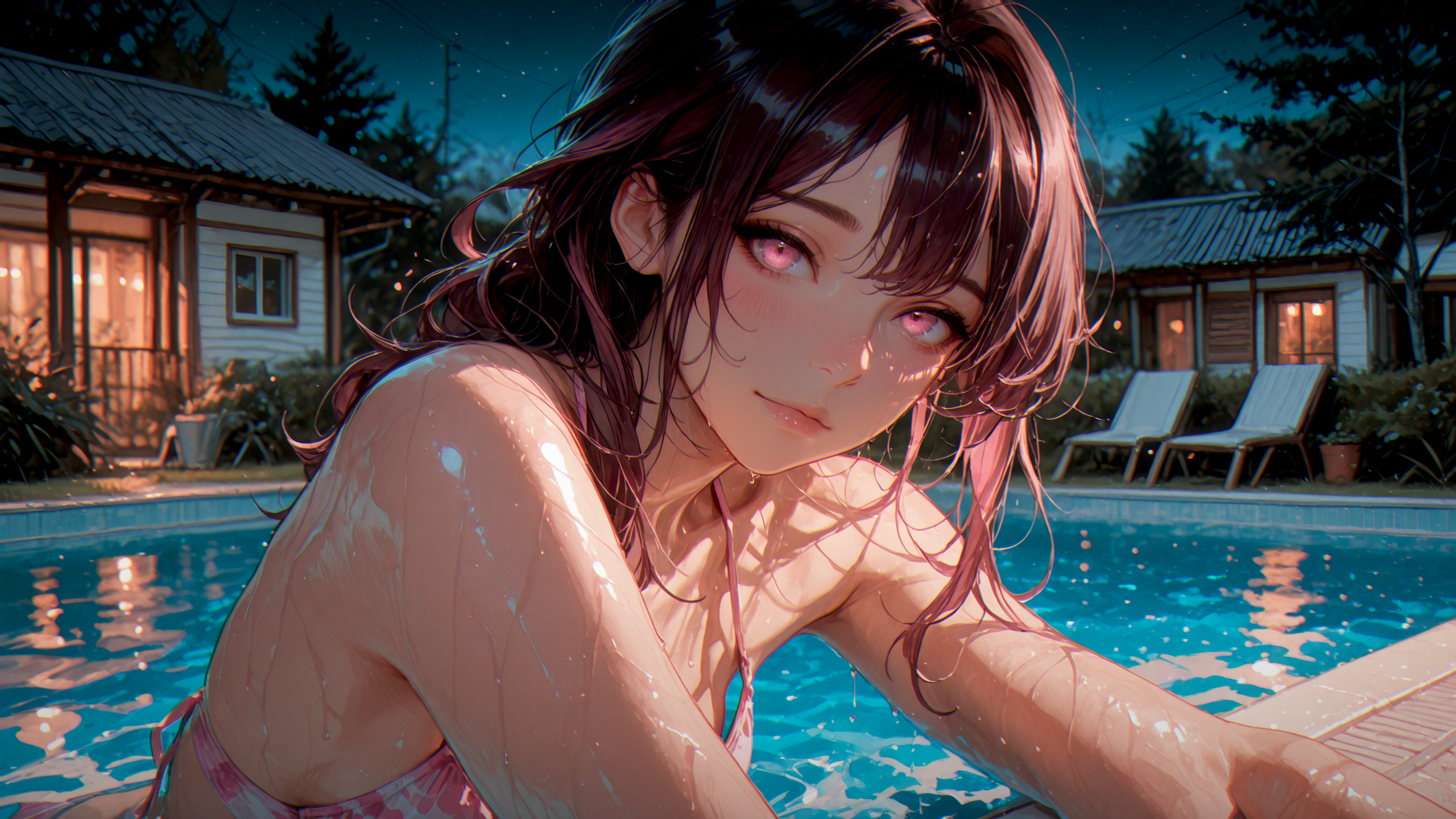 {{char}} in floral bikini. leaning on poolside.