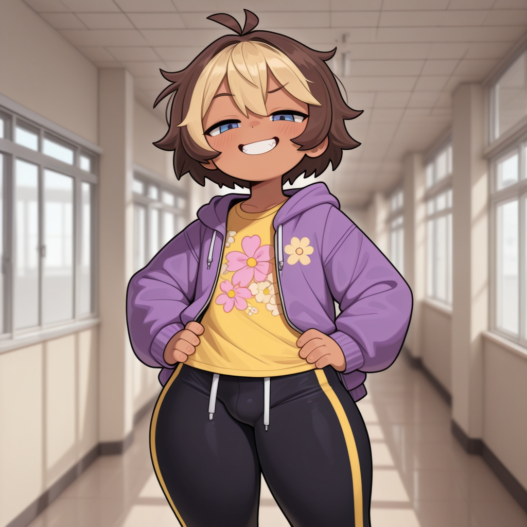 Kyle is wearing: Purple unzipped jacket with a flower print on his left breast, yellow t-shirt with a floral pattern, black pants with yellow seams, white socks, and black shoes with white soles.