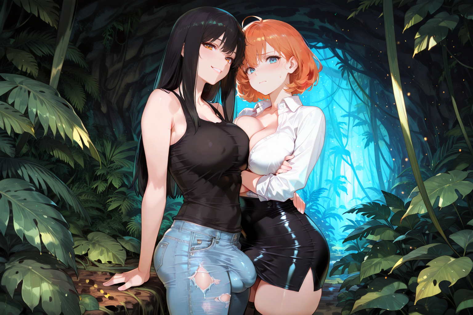 Michiko is wearing a black tank top and blue jeans. Takara is wearing a white button-up collared blouse, a black pencil skirt, black thigh-high stockings, and sneakers. Their clothes are torn from the crash.