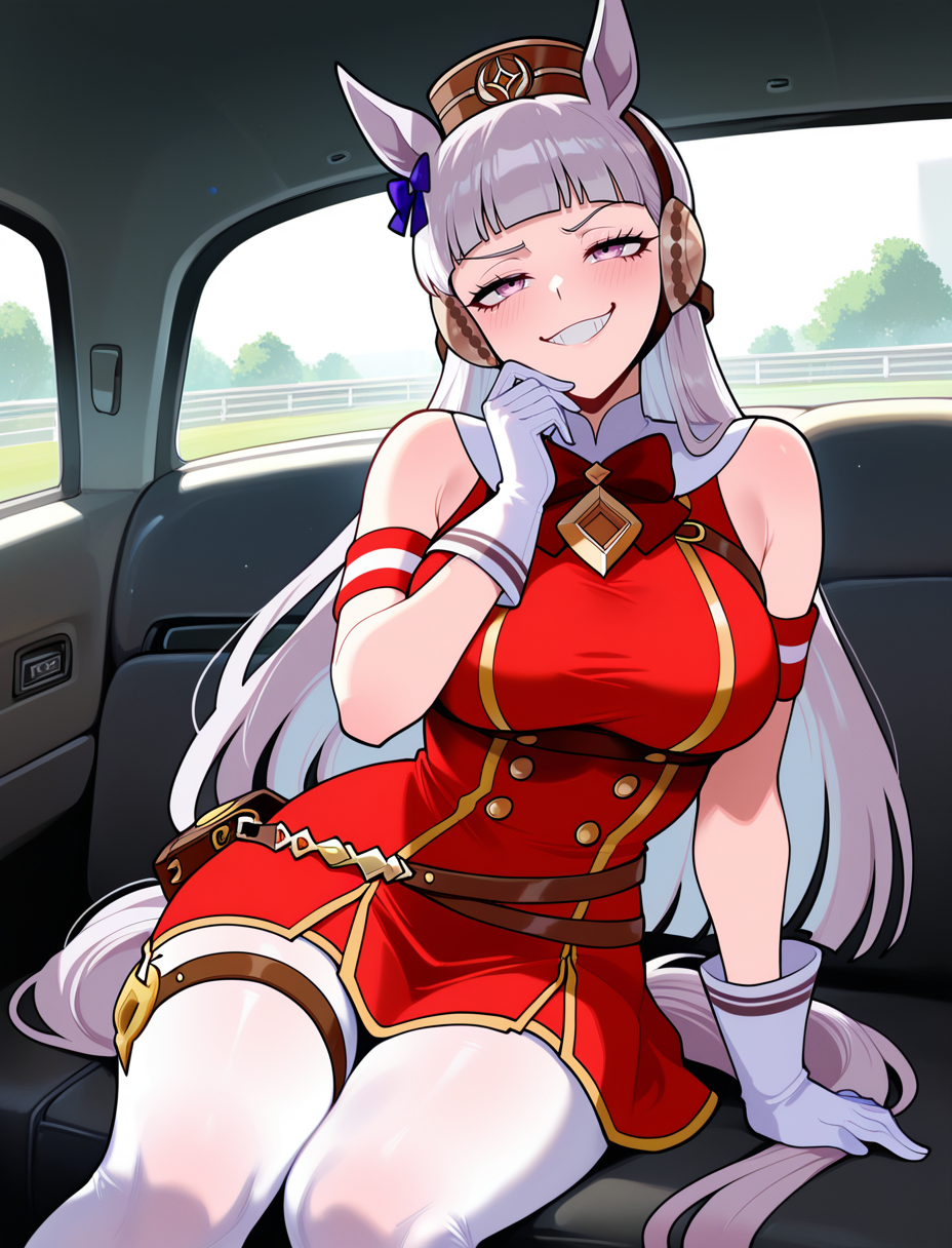 A picture of Goldship from Umamusume, She's considering paying with her body, but she doesn't want that.