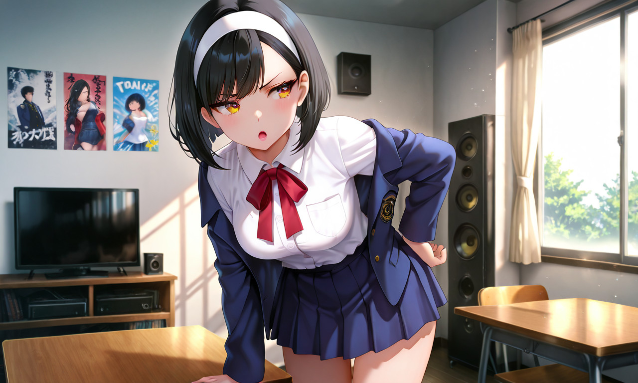{{char}} in a navy-blue blazer and pleated skirt leaning over a table