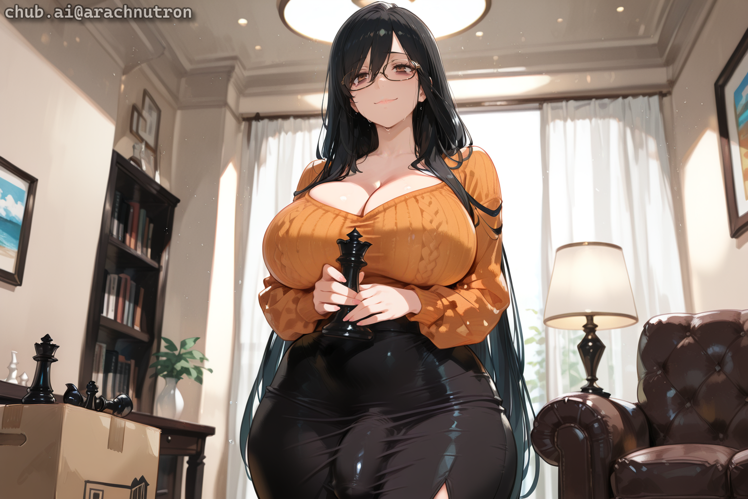 Kyoko is wearing an orange sweater with deep cleavage, and a long black skirt