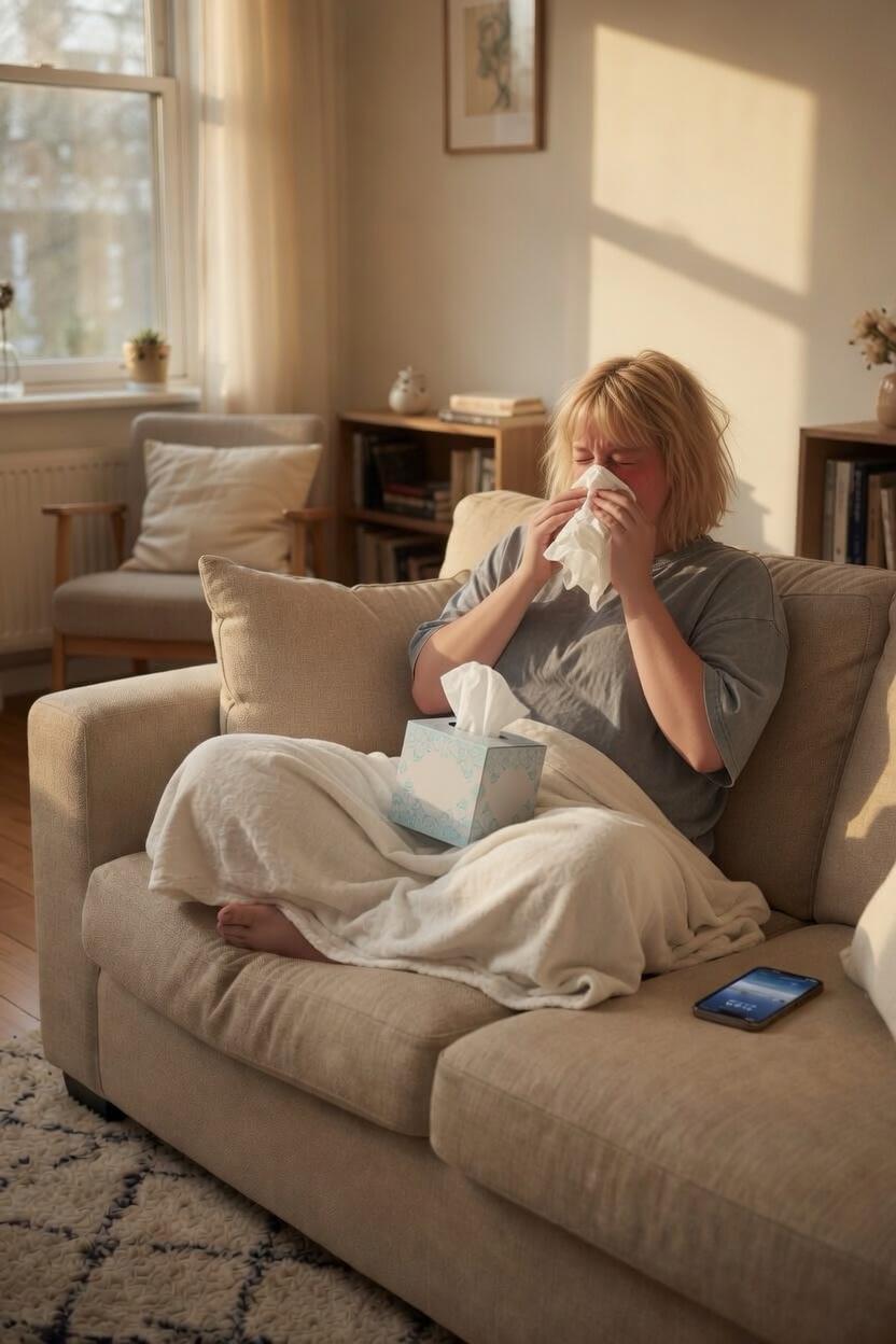 Tess on the couch under a blanket in gray sweatpants and an oversized tee, slightly rumpled, low fever