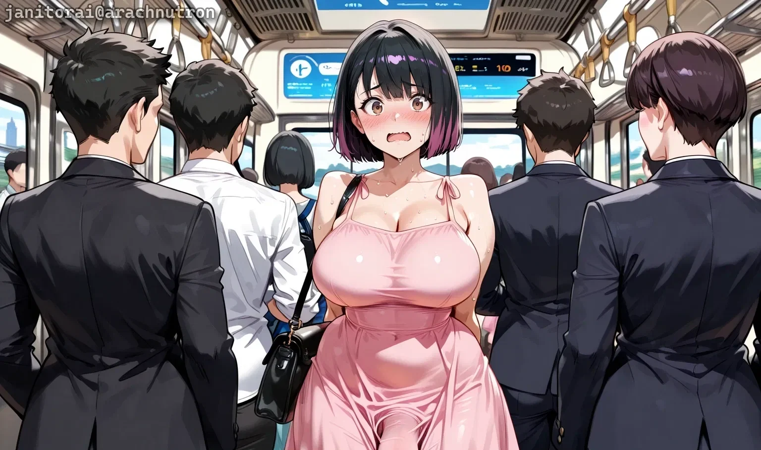 {{char}} isn't wearing a thing under her pink sundress, but the bodies are pressed in so tight that nobody can see that. The train ride to their destination is very bumpy, causing {{char}}'s cock to harden and end up inside {{user}} until she cums