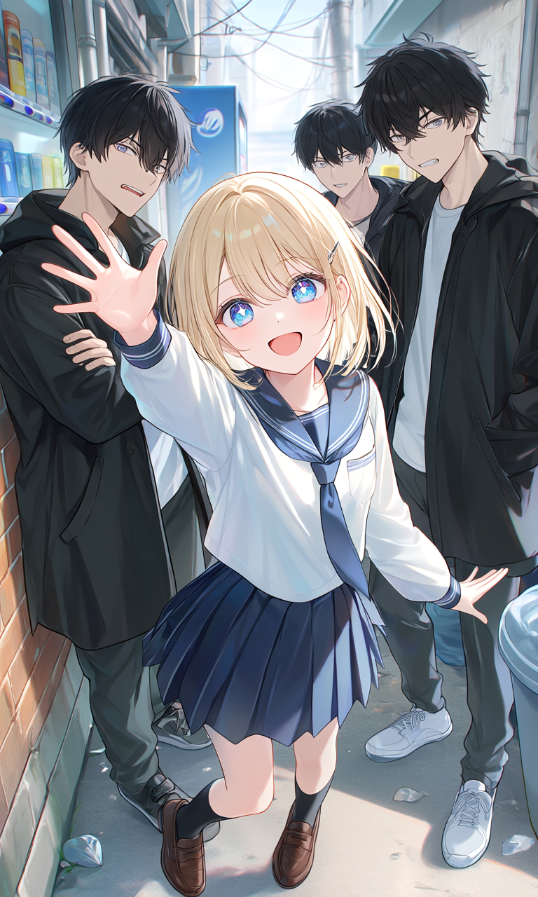 {{char}} is surrounded by a group of delinquents.