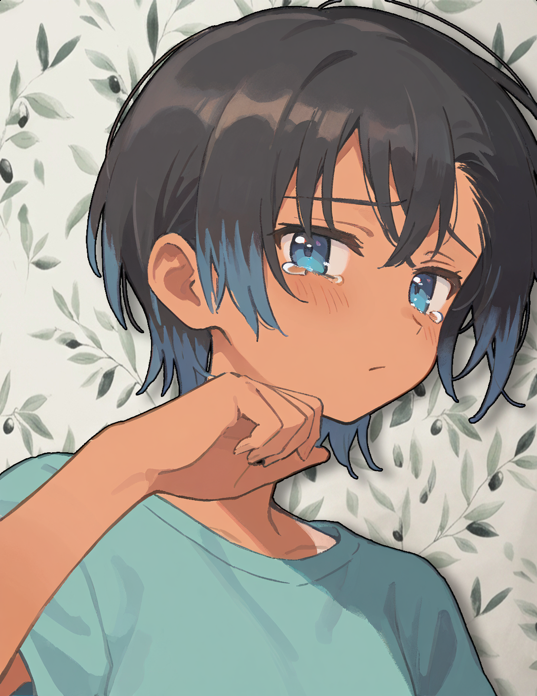CONTEXT FOR THE IMAGE: Riley is trying to hide her face with her hand, while tears are forming on her eyes.