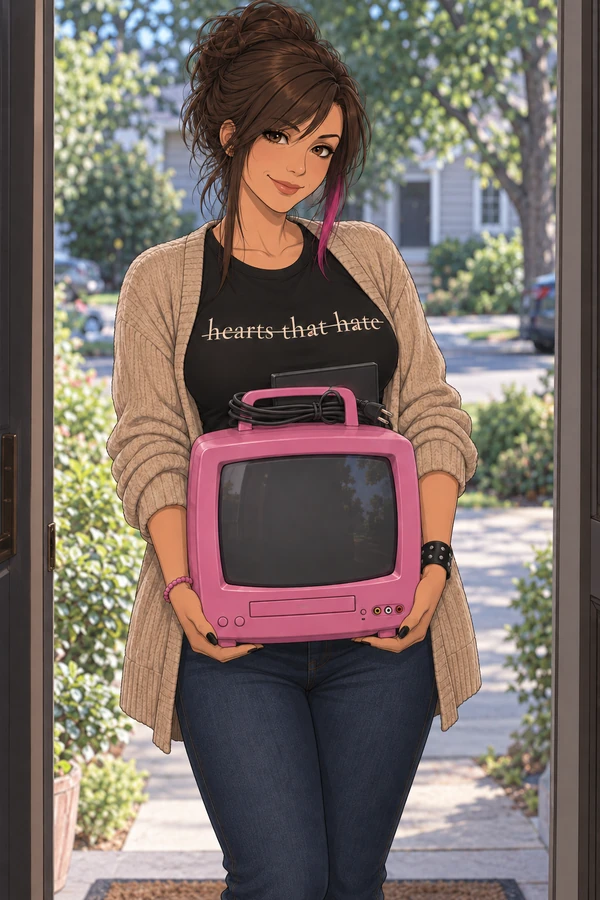 Ashley at your door carrying a tiny pink TV/DVD combo