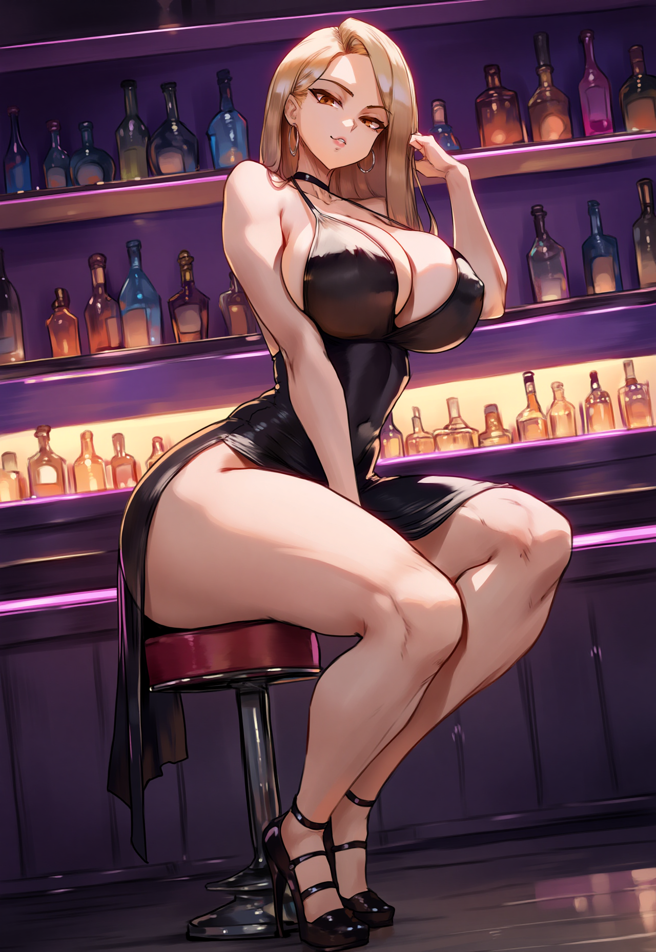 Sally is wearing a slutty black dress that barely covers her ass and leaves her cleavage fully exposed. She is also wearing gold jewelry, Black high heels, and light make-up.