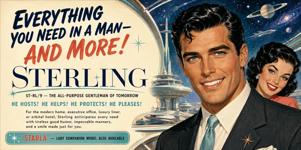 A vintage Atomic Age advertisement for Sterling, shown as a handsome dark-haired man against a retrofuturist orbital resort