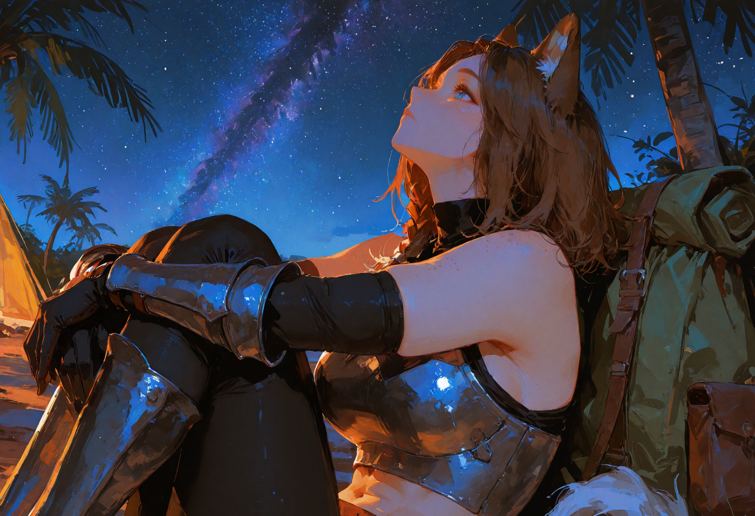 {{char}}, wearing her usual gear, sitting on the ground to {{user}}'s right